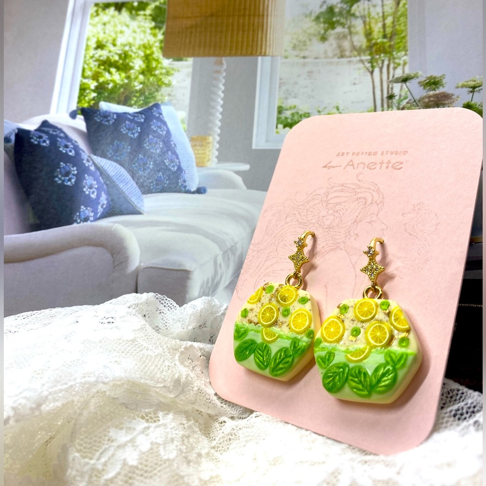 Lemonade! Lemon and mints Leaf 🍃 Dangle Earrings